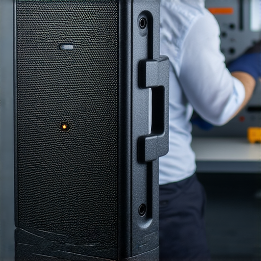 擴音器保護套展示圖，強調如何有效保護設備同時保持音質，背景為專業維修服務由技術人員進行，突出產品設計與使用效果。