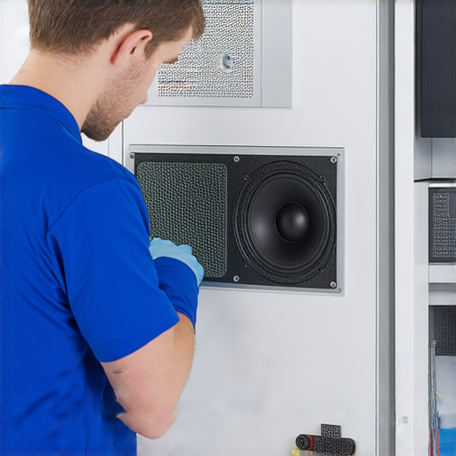 學校擴音器檢查與維修的圖片，展示專業技術人員正在檢查設備，確保聲音更加清晰，提醒大家定期檢查以保持擴音效果最佳。