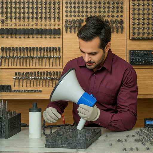 手提擴音器維修場景，技師檢查設備，專業工具陳列，強調確保音質提升的維修秘訣，吸引觀眾點擊探索專業維修服務，讓音質重現震撼。