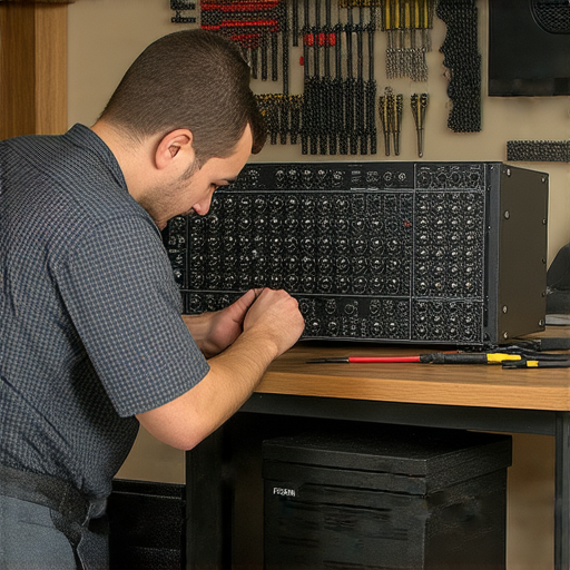 拯救你的音響，FW-SM擴音器專業維修服務，圖片展示維修技師正在檢查音響設備，背景為專業維修工具，強調音響品質修復的重要性。