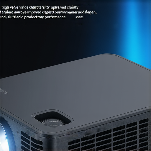 投影機展示圖，顯示出高CP值特色，包括升級後的清晰影像與精美設計。用戶驚喜的表情及維修後完善性能，體現產品質量及服務。適合家庭娛樂及商務使用。
