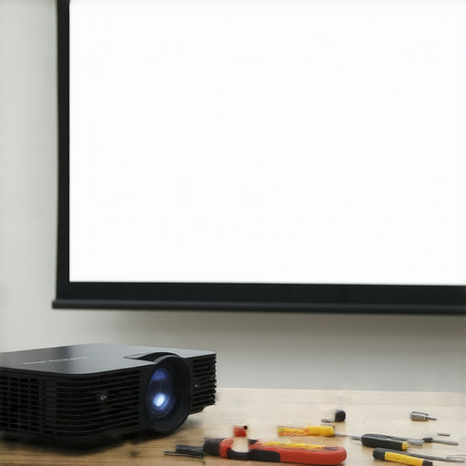 會議室內一台投影機故障，顯示出錯誤提示，旁邊的桌子上放著維修工具，提醒人們了解維修秘訣，避免尷尬情境。