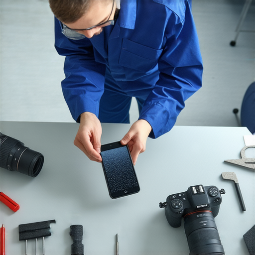 一位專業維修技師正在檢查一部手機與數位相機，展示手機攝影功能提升的細節，探討手機是否能取代相機的話題，反映專業維修技術的重要性。
