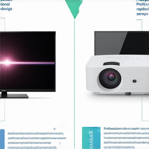 激光電視與投影儀的比較圖，突出其使用場景與畫質差異，展示專業維修服務信息，旨在幫助消費者選擇適合的視聽設備。
