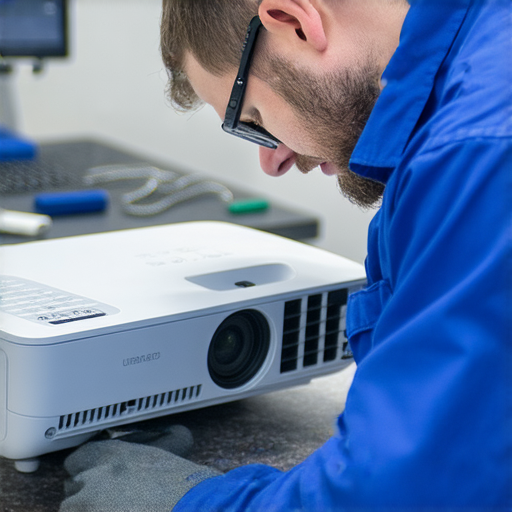無線投影機維修專家正在檢查故障設備，專業工具和維修過程展示，幫助用戶重獲新生的無線投影機，提供高效的技術支持和解決方案。