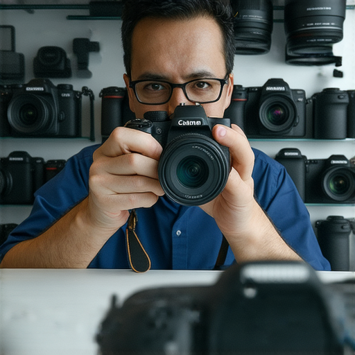 專家維修服務人員檢查數碼相機，探索性價比與焦距秘訣，背景展示數碼相機與拍攝設備，助你拍出完美瞬間，提升攝影技巧。