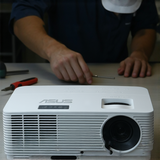 ASUS 無線投影機與專業維修服務的展示圖，呈現提升投影體驗的潛力，強調客戶秉持高品質維修服務，讓投影機持續運作如新。