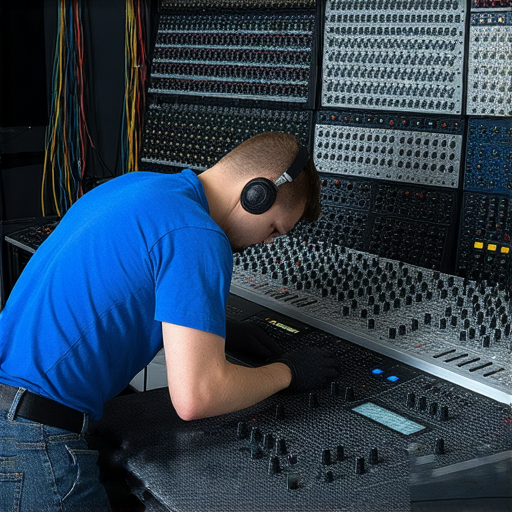 Pioneer DJ音響故障時，專家立即提供專業支援，讓您的音樂重回巔峰。圖片展示技術人員檢查音響設備，專注於修復過程，確保音質恢復。