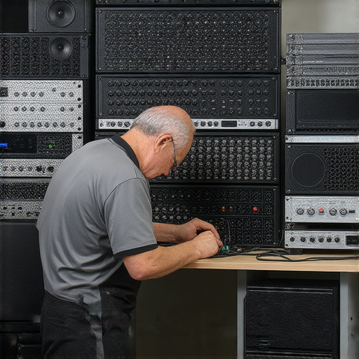 音響設備維修服務展示，包含GIK、Genelec、Harman Kardon等品牌，專業技術人員正在檢查和修理音響故障，恢復卓越音質的過程，突顯音響修復的重要性。