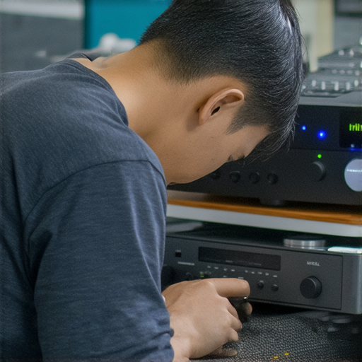 音響維修服務，專業修復Hifiman及JBL品牌產品，顯示修理過程中的音響設備，技術人員專注處理，提升音質與性能，滿足消費者需求，讓音響不再沉默。