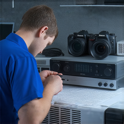 攝影器材故障維修過程，專業技術人員正在檢查音響和投影機，揭開維修秘訣，讓設備重現精彩，提升攝影體驗。
