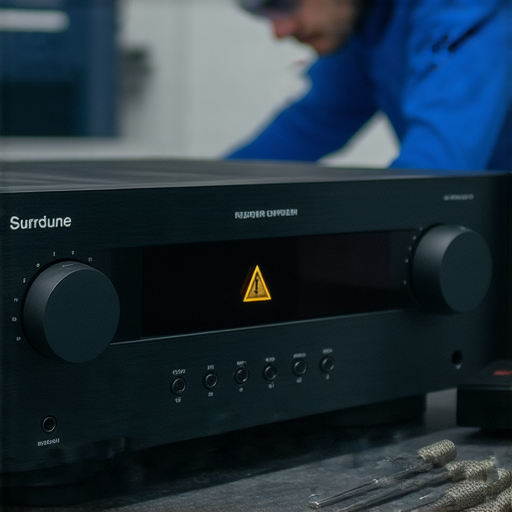 專業維修服務圖片，顯示一台環繞擴音機，面板上亮起警示燈，背景有技術人員正在進行檢查，提醒用戶如遇怪聲問題可聯繫專業維修團隊。