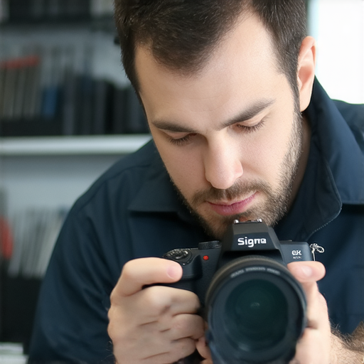 Sigma相機維修服務專業技術人員正在檢查故障相機，背景顯示精確的維修工具，強調清晰影像的重現。立即聯繫我們享受專屬維修優惠，讓您的Sigma相機恢復最佳性能。