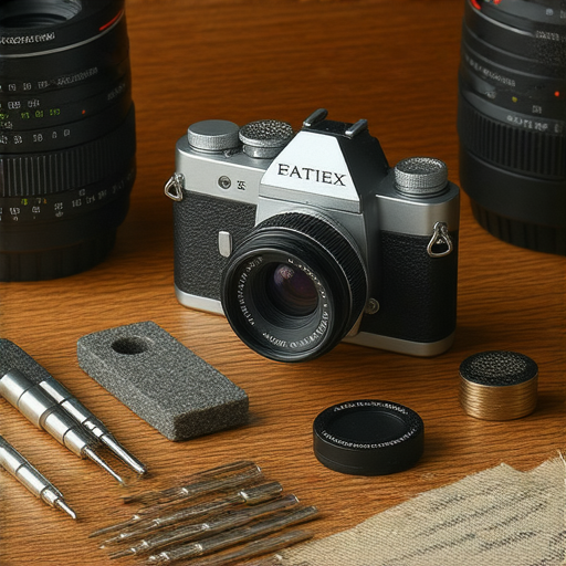 舊相機維修服務展示，專業技師正在細心檢查相機，周圍是各種維修工具和零件，讓回憶重現的過程充滿希望。