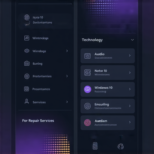 全方位音效設定的操作界面，展示Note 10與Windows 10的音響選項，並介紹維修服務的資訊，提升音響體驗的視覺效果。