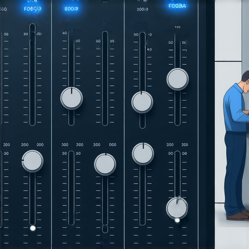 提升音質的秘訣，展示foobar2000 EQ設定界面，包含多個均衡器滑桿，旁邊是一位專業技術人員進行音響設備維修，傳遞音質升級的意義與專業服務的重要性。