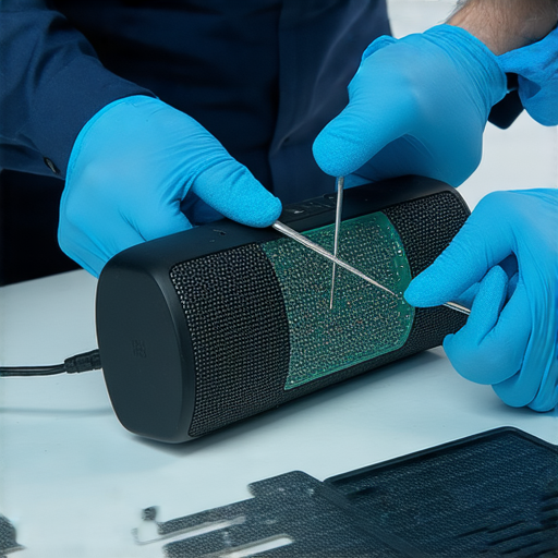 藍牙音箱掉線問題的修理專業工具與設備，技術人員正在檢查音箱內部連接，以確保穩定的藍牙連接，展示維修流程和專業服務。