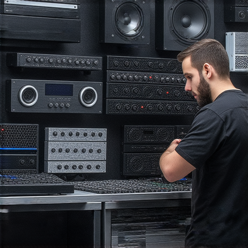 音色天下汽車音響專業維修服務場景，技術人員專注檢查音響設備，顯示高質量音響及專業技術，揭開汽車音響真相，讓車主了解音色天下的優勢與品質。