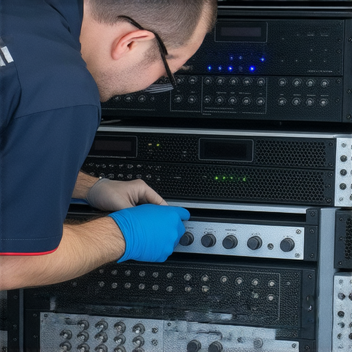 專業維修服務幫助解決音響故障，展示五行秘訣，提升音質。圖片中有維修技術人員檢查設備，背景為音響系統。