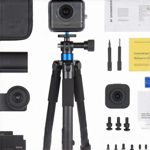 運動相機必備配件展示，包括三腳架、防水殼和各類安裝支架，背景顯示維修工具及技術指南，讓拍攝更加完美，適合冒險攝影愛好者及專業人士。