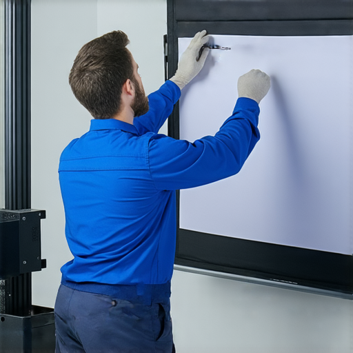 移動投影幕的維修服務檢查圖片，展示專業技術人員進行設備檢查，確保投影幕性能最佳，讓視覺享受無縫連接。