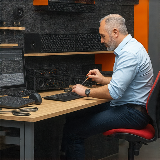 JBL音響設備故障維修專家提供解答，圖中展示維修過程，專家正在檢查音響零件，分享JBL維修秘訣，幫助用戶解決音響失靈問題。