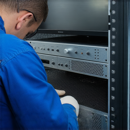 專業音響與投影機維修服務，讓設備重返巔峰，顯示技術人員維修的專注過程，背景中可見各種音響和投影設備，提升視聽體驗。