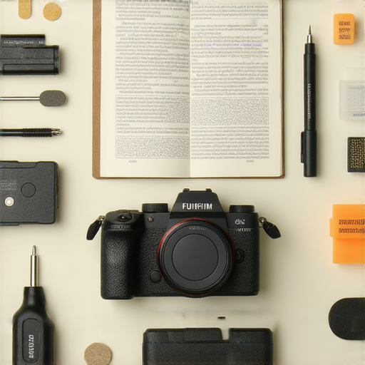 富士相機電池能量不足的情境，展示維修秘訣的手冊和工具，重拾攝影樂趣，適合提升相機維護知識與技巧，讓攝影愛好者了解如何解決電池問題。