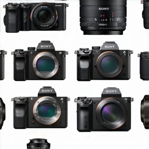 Sony相機展示圖片，包含不同型號型態的相機，旁邊有維修服務資訊，吸引攝影愛好者選擇最佳Sony相機與專業維修服務，色彩鮮明、清晰細節呈現。