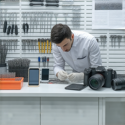 iPhone和Sony相機故障維修服務專業技術人員檢查設備，顯示各種工具，傳遞專業維修訊息與服務保障，吸引用戶了解維修選擇。