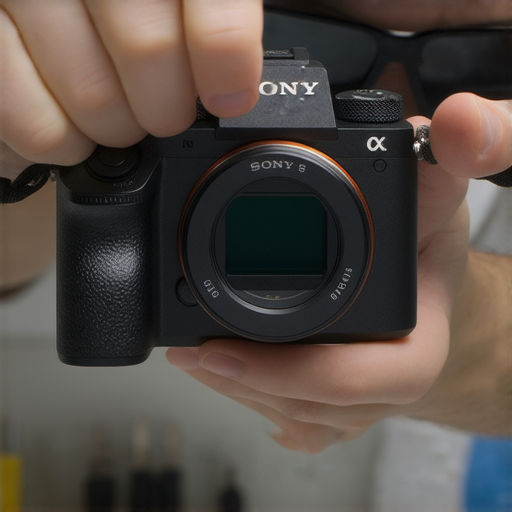 精美的Sony相機在專業技術人員手中進行清潔感光元件的過程，展現出高品質維修服務，讓相機重焕光彩並提升拍攝效果。