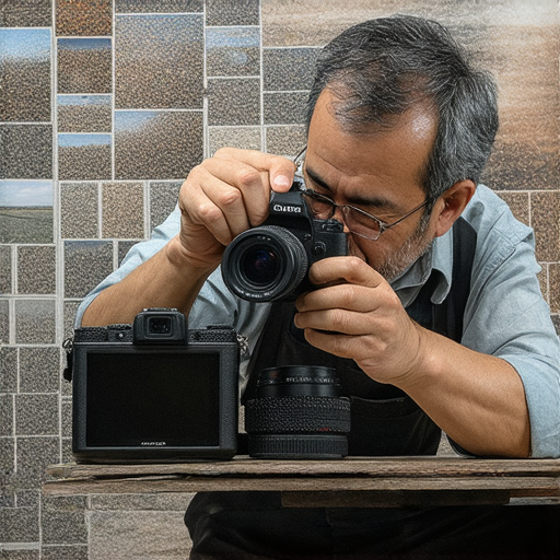 探索中畫幅相機的無限可能的圖片，展示專業維修服務的專家正在調整相機，背景是藝術性的照片作品，強調維修對影像藝術的重要性。