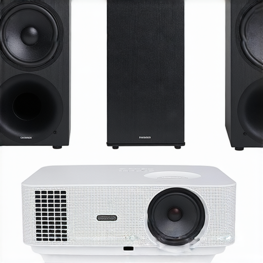 家庭影院藍牙環正與高品質音響及投影機並排展示，強調音效維修的重要性，讓觀眾重新體驗震撼音效的樂趣，提升家庭娛樂的品質。