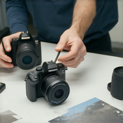 探索即影即有相機的奧秘時，了解我們的專業維修服務，圖片展示專業技術人員正在進行相機維修，手中工具與相機部件清晰可見，背景為整潔的維修工作台。
