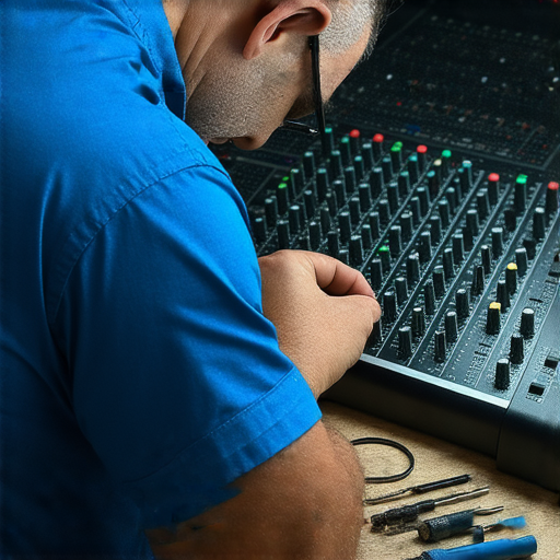 專業維修技術人員正在檢測音響設備，周圍擺放著各種維修工具，展現音響故障的維修過程，協助設備恢復最佳 performance。