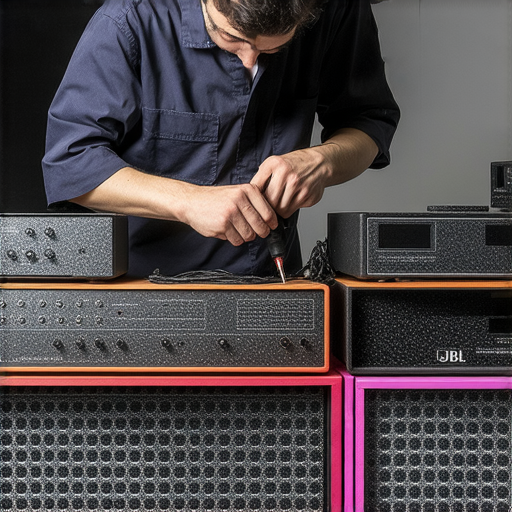 JBL音響維修專家正在檢修音響設備，專注於故障排除，恢復最佳音質，讓音樂愛好者重回聆聽巔峰，展示專業技術和設備維護過程。