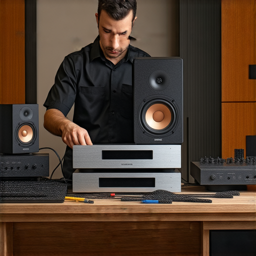 Yamaha音響維修專業服務展示，技師專注於音響檢查與維修過程，確保音響設備恢復最佳音質，解決失聲問題，提升使用體驗。