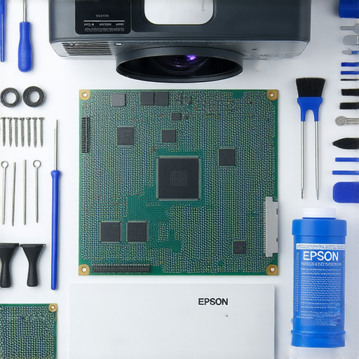 Epson投影機保養技巧與專業維修服務的圖像，展示多種保養工具和維修過程，幫助用戶延長投影機壽命，提升性能，確保最佳顯示效果。