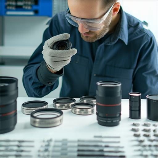 專業維修服務的技術人員正在檢查一台模糊影像的相機鏡頭，工具和設備整齊排列，背景顯示維修工作室的環境，提供恢復清晰視界的解決方案。