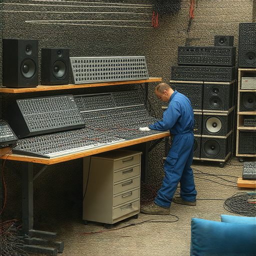 音效設備故障維修服務的圖片，展示設定技巧與設備維修過程，強調恢復震撼聲音的關鍵步驟，吸引需要解決音效問題的用戶關注。