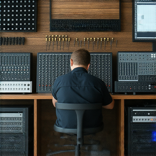 專業音響維修技術人員專注於解決音響雜音問題的過程，展示高效工具與設備，彰顯我們的專業維修服務，幫助客戶恢復音質清晰，享受最佳音樂體驗。