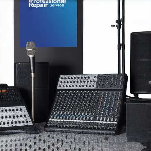 租借音響器材的展示，顯示多款專業音響設備，提升活動品質的理想選擇，背景中有專業維修服務的標示，確保設備性能完美無缺。