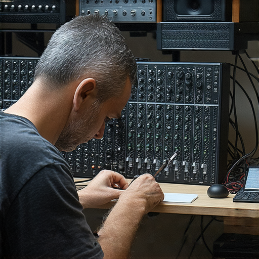 音響設備專業維修場景，技師專心修理音響器材，周圍擺放各類音響配件，展示音響維修的精湛技術，對音響入門者的重要性及如何扶持聲音夢想。