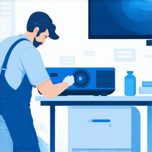 家用投影機映像失真故障檢查專業維修服務示意圖，顯示投影機畫面不清晰與專業技術人員維修場景，強調解決投影機問題的必要性與專業服務的重要性。