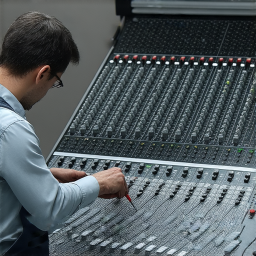 專業技術人員正在檢查混音器 FX 的內部構造，展現維修服務的專業性，強調發現混音器的隱藏魅力及其性能改善的可能性，提升音質表現。